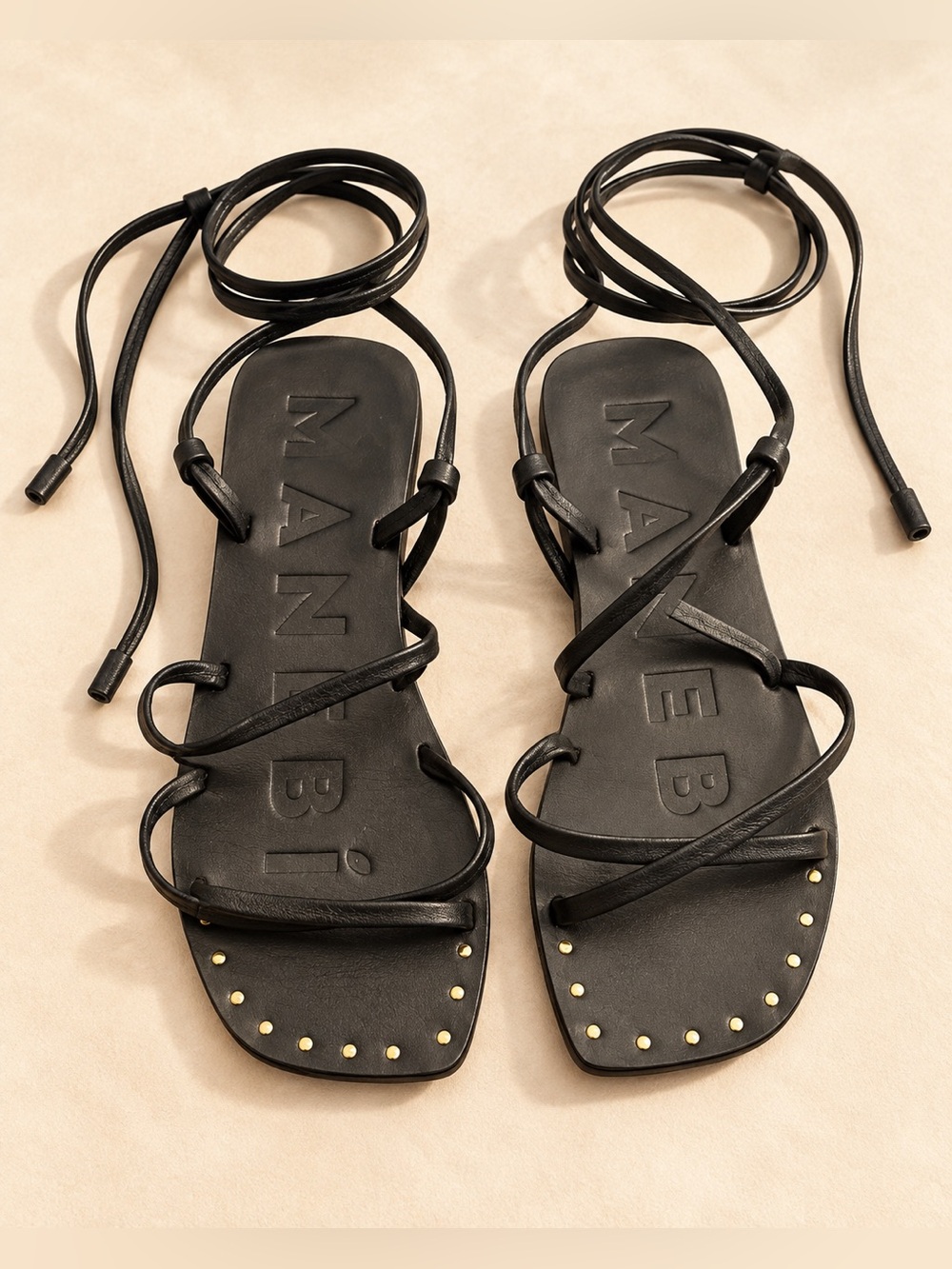 Manebi Black Lace-Up Studded Flat Sandals 38